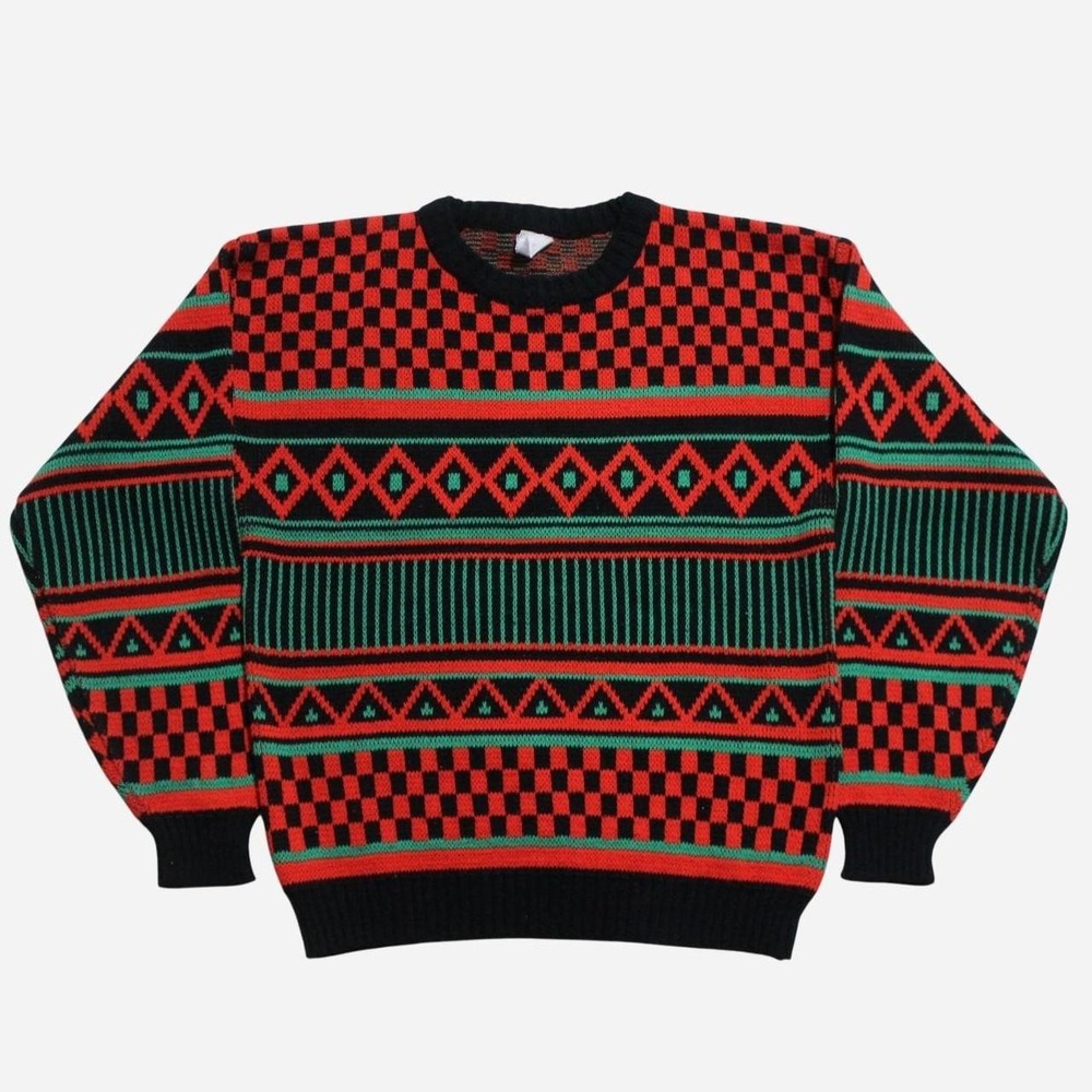 Womens Vintage 90s Skater Streetwear Preppy Grandpa Pattern Knit Acrylic Sweater